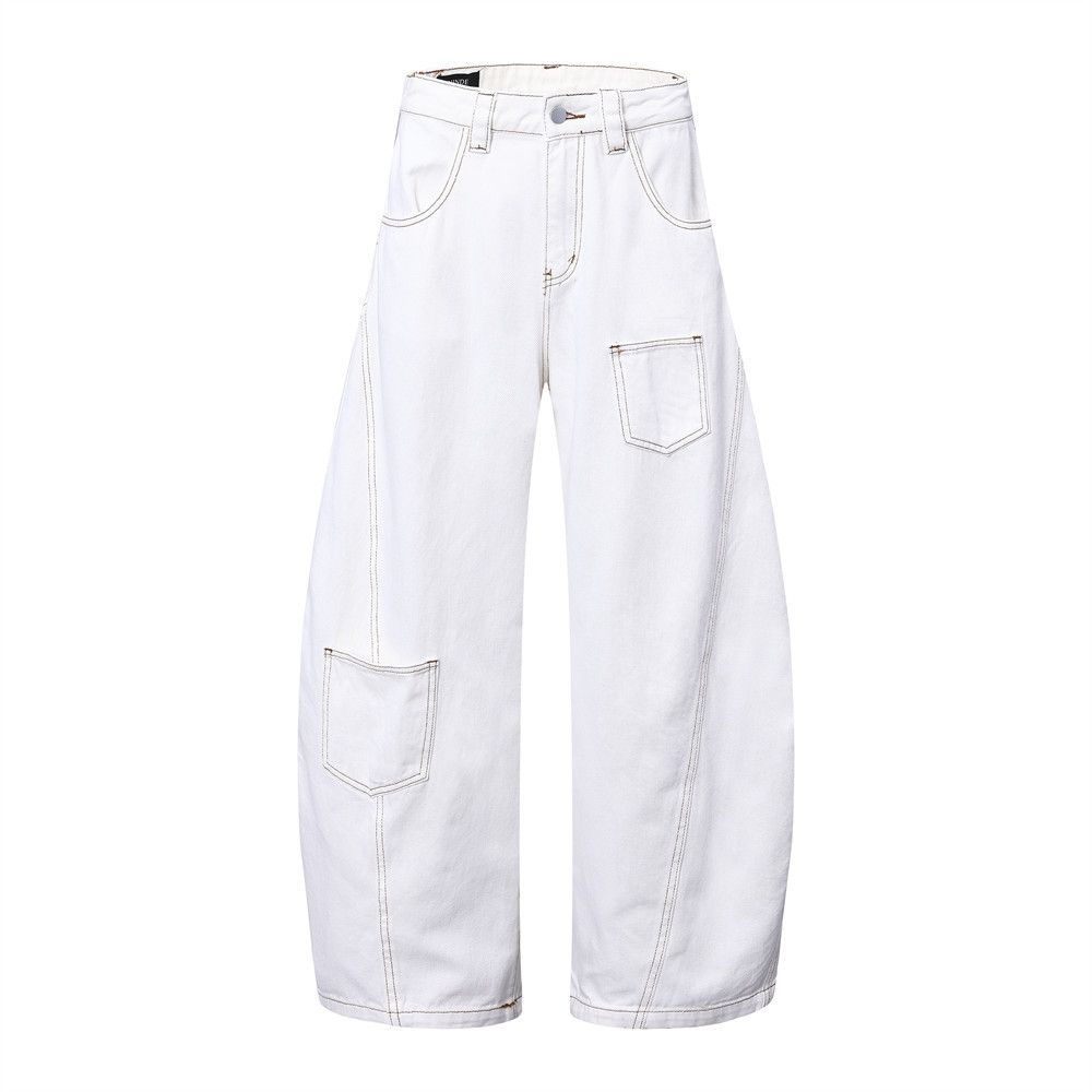 Loose Wide-Leg Scimitar Jeans With Unique Design, Irregular Patchwork, Stitched Topstitching, Cargo Long Pants, Trendy_mkmklike.com