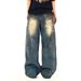 Post-apocalyptic Style Color-Block Spray Paint Jeans Men's Trendy Punk Washed Tie-Dye Distressed Dirty Wide-Leg Straight_mkmklike.com