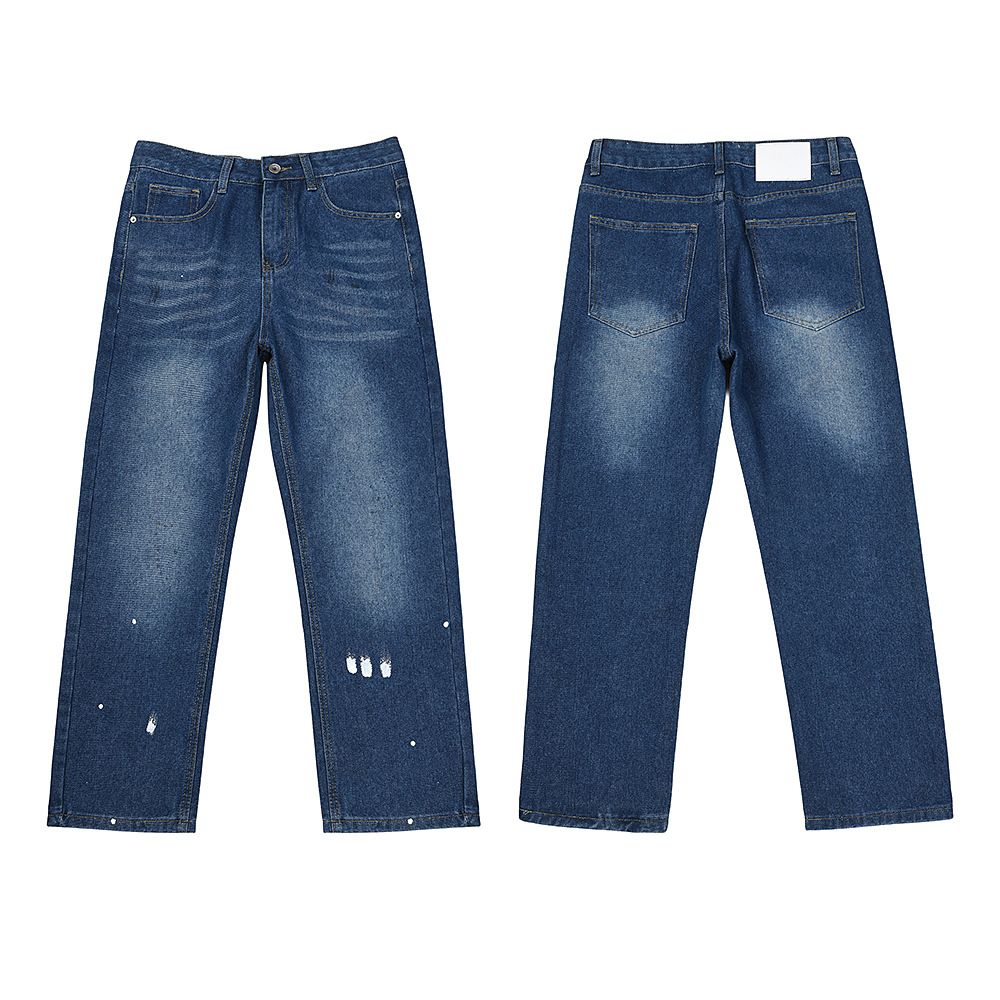 Vintage Washed Blue Denim Jeans – Straight-Leg Splatter Paint Design (Unisex Casual, Comfort Fit, 90% Cotton, Hand-Painted Artistry, S-XL)_mkmklike.com