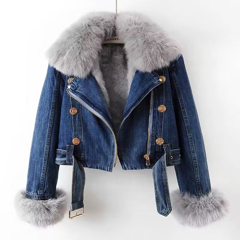 Autumn And Winter New Removable Imitation Fox Fur Rabbit Fur Liner Denim Jacket Women's Short Top Party Jacket_mkmklike.com