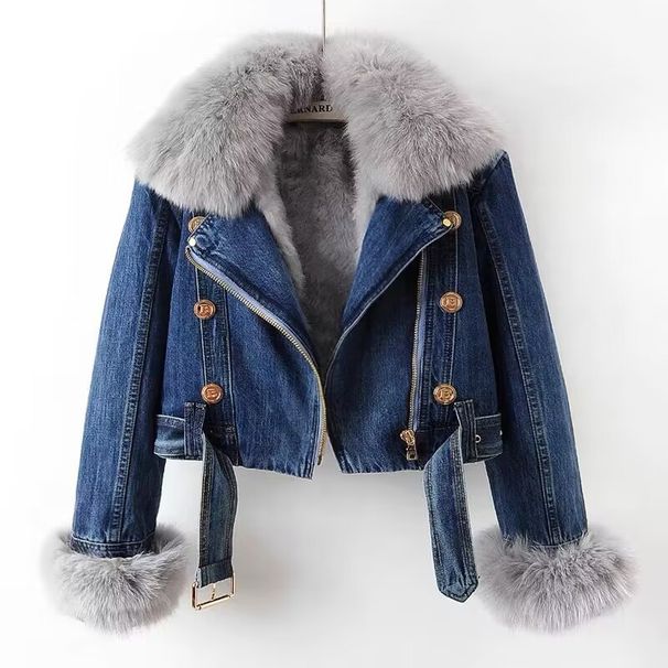 Autumn And Winter New Removable Imitation Fox Fur Rabbit Fur Liner Denim Jacket Women's Short Top Party Jacket_mkmklike.com