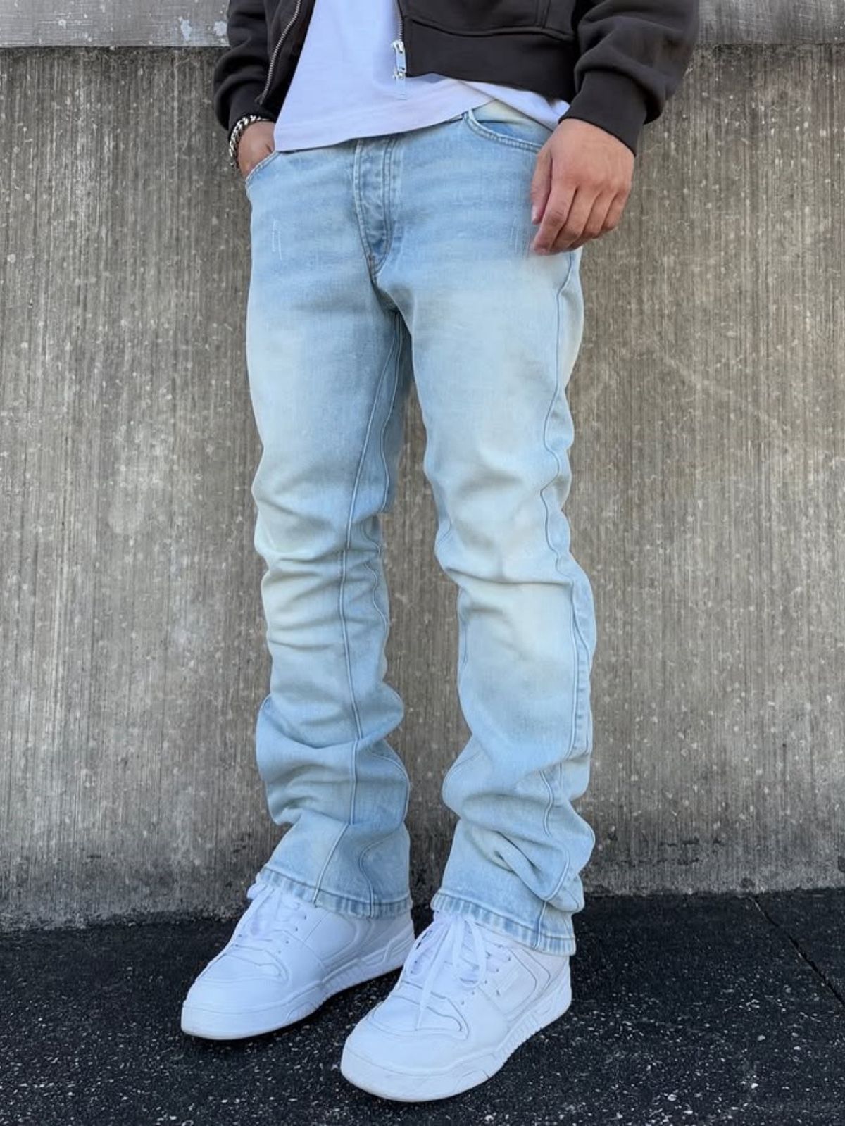 Cleanfit Style Slim Fit Jeans For Men Textured Hand Distressed Stretch Long Pants Versatile Flared_mkmklike.com