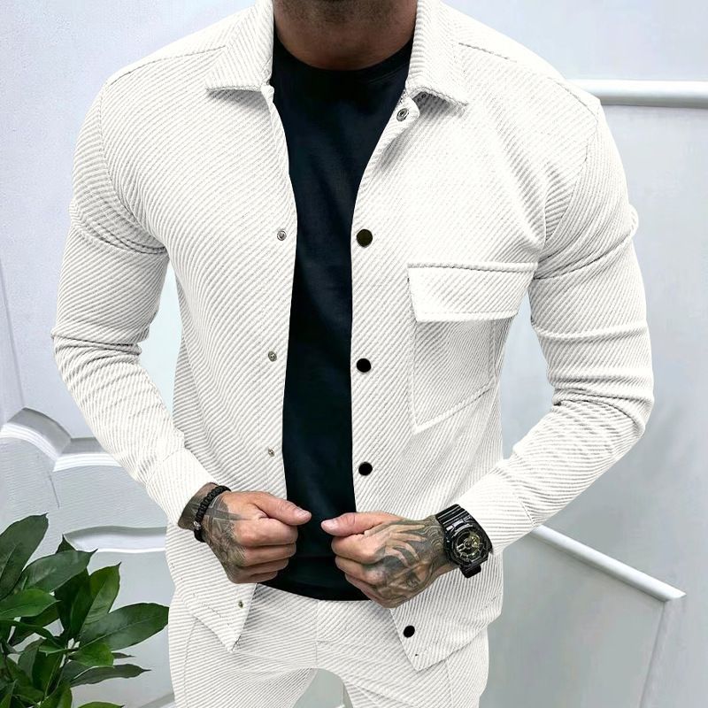 Cross-Border Autumn Casual Heavy Twill Lapel Long Sleeve Top European And American Single-Breasted Solid Color Slim_mkmklike.com