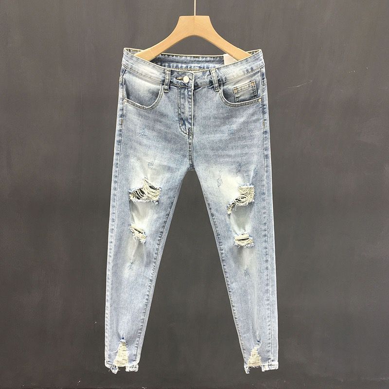 Ripped Jeans Men's Thin Trendy Brand Summer Korean Version Trendy Beggar Slim-fitting Light-colored Nine-point Pants_mkmklike.com