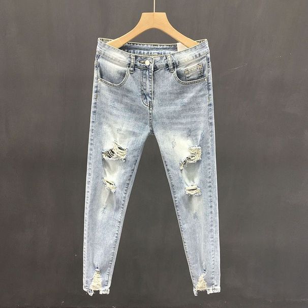 Ripped Jeans Men's Thin Trendy Brand Summer Korean Version Trendy Beggar Slim-fitting Light-colored Nine-point Pants_mkmklike.com