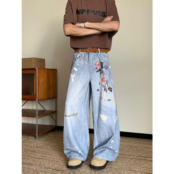 Digital Printing Graffiti Ink Jeans Trendy Brand Personalized Washed Loose Straight Mopping Flared Pants For Men And Women_mkmklike.com