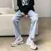 Men's Cropped Straight Leg Jeans – Casual Distressed Hem Denim Pants (Mid-Rise, Light/Deep Blue, No Stretch)_mkmklike.com
