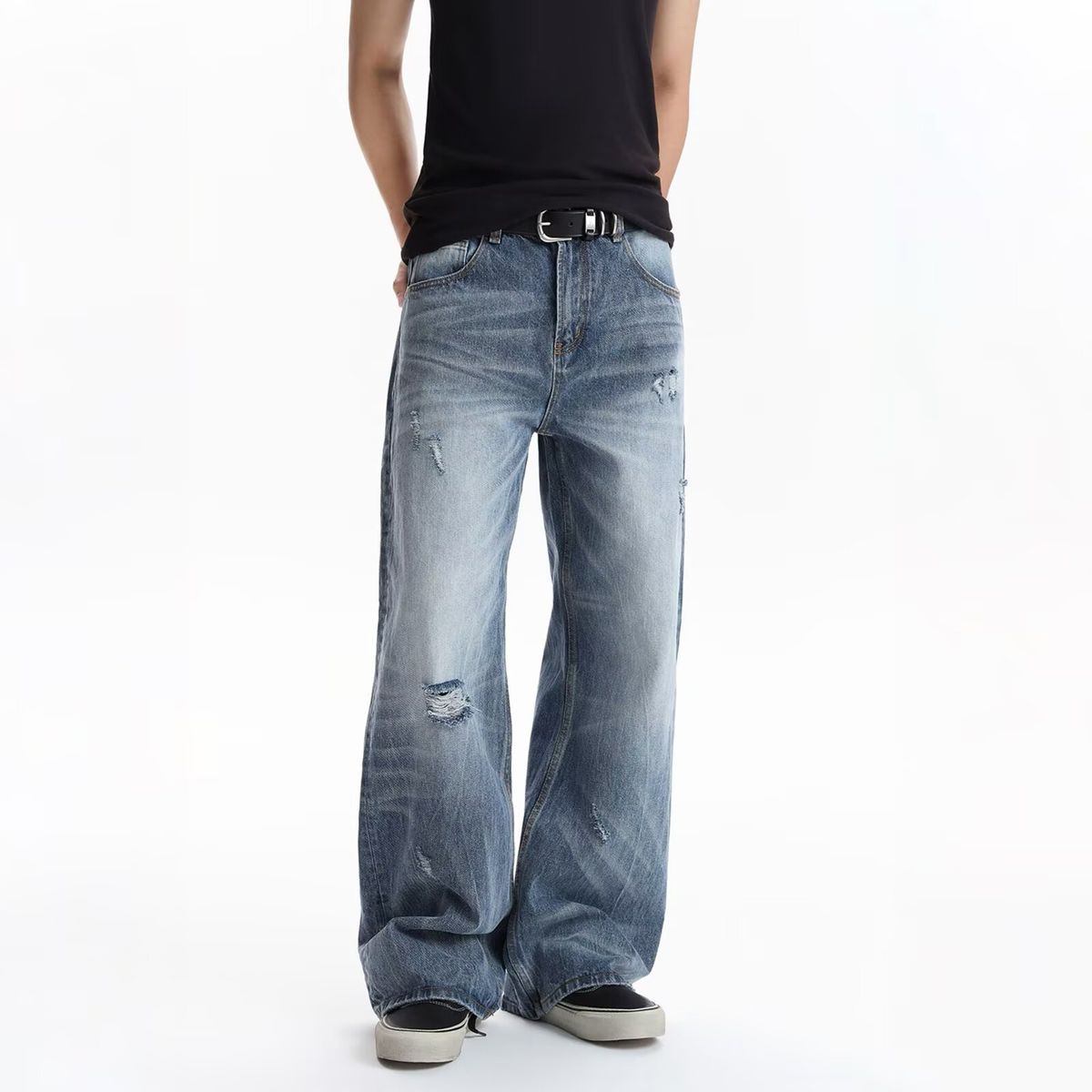 Distressed Washed Denim Jeans Style High Street Cool Dad Look Straight Leg Long Pants For Teenagers Men_mkmklike.com