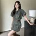 ELLE Vintage Hong Kong Style Denim Summer New Waist Slimming Sleeve Short Dress Trendy_mkmklike.com