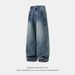 Men's Washed Distressed Straight Leg Jeans With Lightning Cat Whisker & Rivets, Retro Style Semi-Stretch Denim Pants For Casual Wear_mkmklike.com