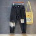 Men's Distressed Black Washed Denim Pants – Grunge Streetwear Wide-Leg Jeans With Ripped & Frayed Details_mkmklike.com