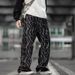 Men's Clothing Men's Trendy Loose Fitting Lightning Patterned Dirty Jeans Straight Leg Wide Leg Pants American High Street Jacquard Jeans_mkmklike.com
