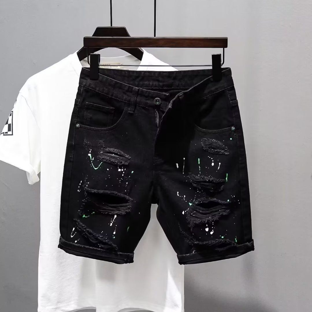 Trendy Boys' Personalized Beggar's Broken Split Pants 2024 Summer Versatile Slim Fit And Handsome Black Denim Shorts_mkmklike.com