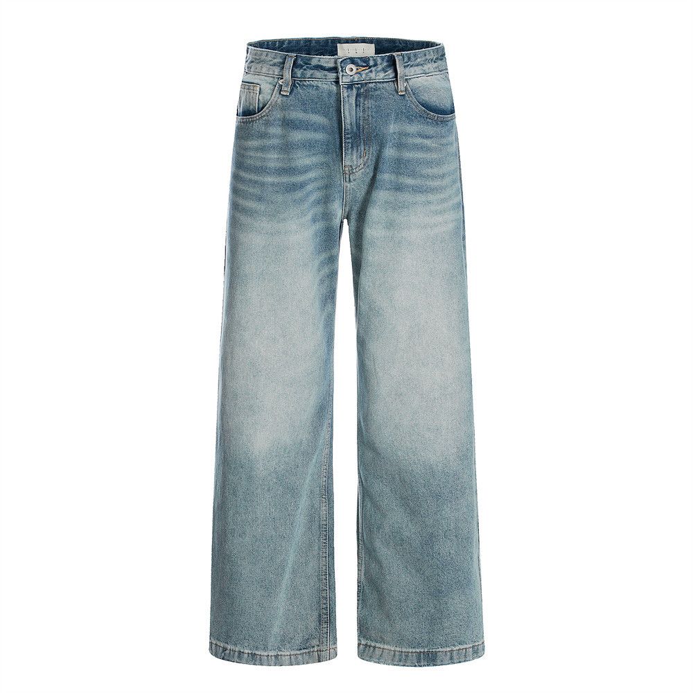 Washed Denim Wide-Leg Men's Distressed Frayed Straight-Leg Trousers Street Fashion American Style Versatile Loose Dad_mkmklike.com
