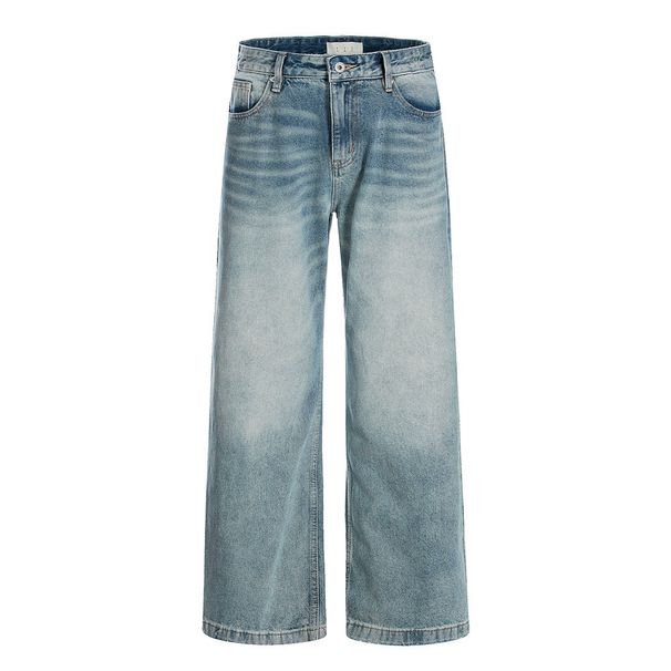 Washed Denim Wide-Leg Men's Distressed Frayed Straight-Leg Trousers Street Fashion American Style Versatile Loose Dad_mkmklike.com