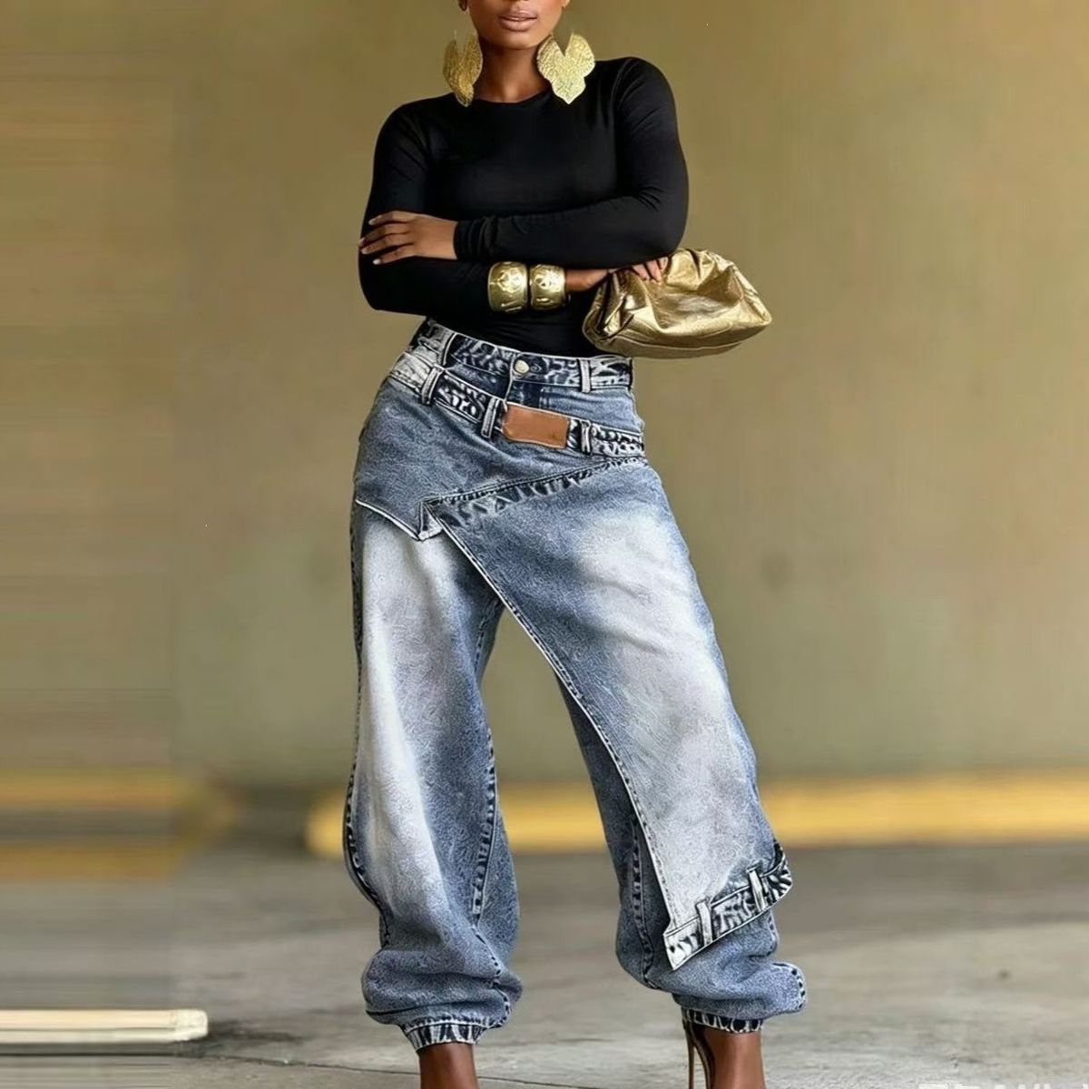 High-Waisted Slimming Wide Leg Trousers Women's Faux Denim Jeans Layered Washed Two-Piece European American Style_mkmklike.com