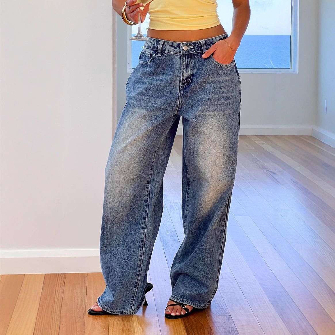 Women's Vintage Washed Flare Jeans - Retro High-Waist Wide Leg Denim Pants With Heart-Shaped Back Pockets (Blue, S-XXL)_mkmklike.com