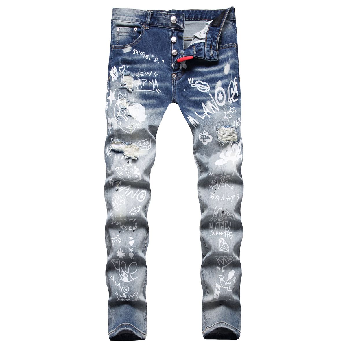 Men's Clothing Slim Fit Digital Print Slim Fit Jeans For Men High Street Style Ripped Monkey Whiskers Trendy Street Wear_mkmklike.com