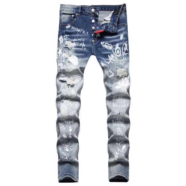 Men's Clothing Slim Fit Digital Print Slim Fit Jeans For Men High Street Style Ripped Monkey Whiskers Trendy Street Wear_mkmklike.com