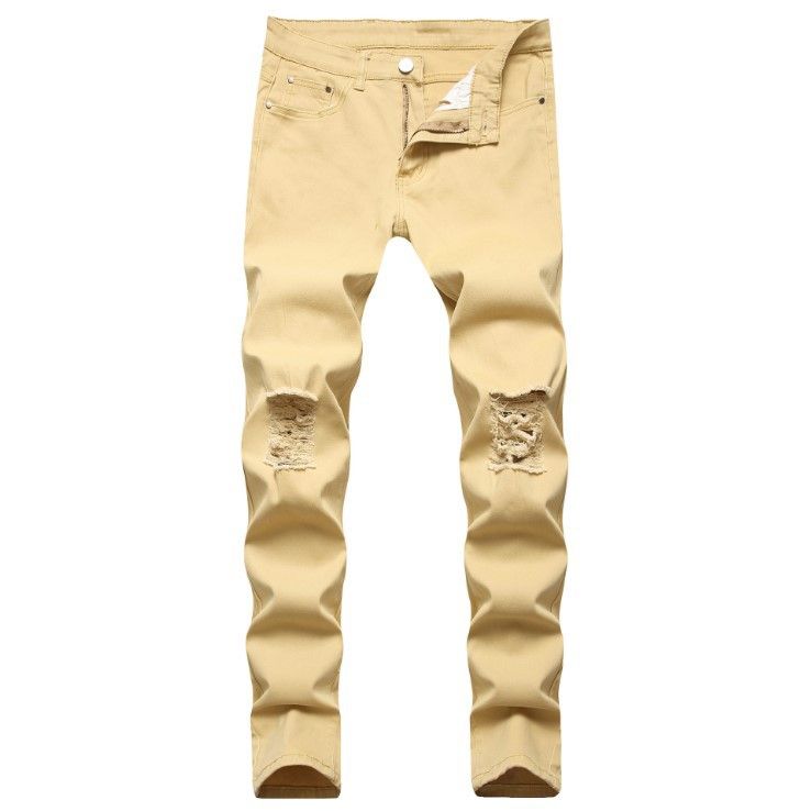Men's Clothing Men's Slim Fit Ripped Jeans Summer Casual Elastic Knee Hole Five Color Trendy Pants For Formal & Casual_mkmklike.com