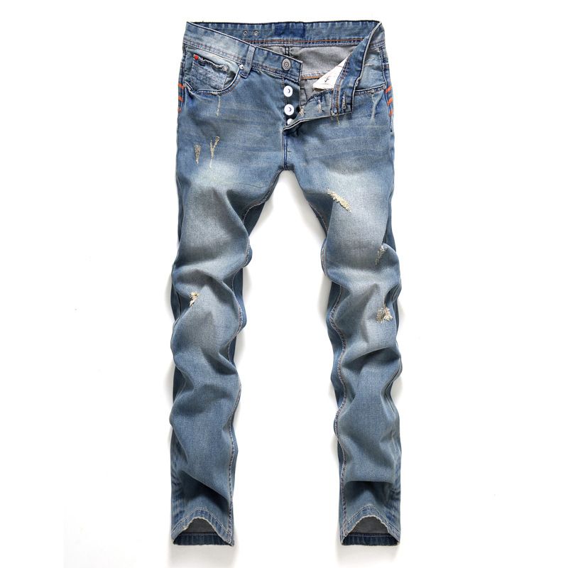 Cross-border Men's Clothing European And American Men's Button-ripped Jeans Slim-fitting Trousers Retro Light Blue Men's Straight Pants Nostalgic_mkmklike.com