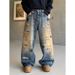 Men's Clothing Rhinestone Ripped Jeans Unisex Vintage Star-Studded Distressed Jeans – Unisex Baggy Straight-Leg Pants (L-XXXL) | Retro Washed Blue_mkmklike.com