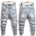 AM Foreign Trade High Street Blue Skinny Jeans for Youth Ripped Stretch Painted Appliqué Cross Border 8809_mkmklike.com