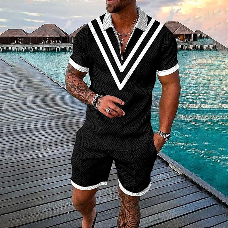 Men's Clothing fashion casual suit 3D printed zipper short sleeve polo shirt shorts 2-piece set_mkmklike.com