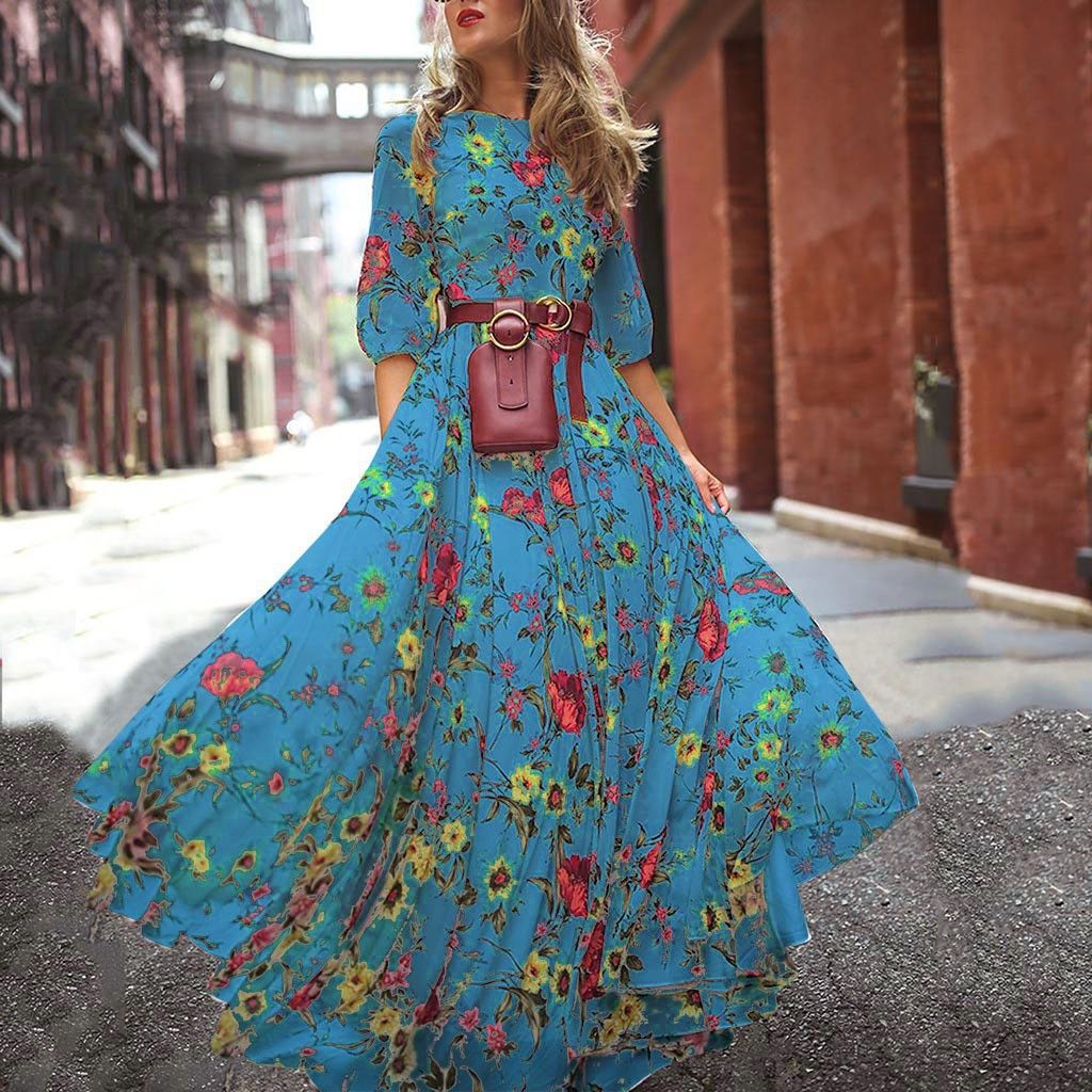 Women's dress printing big swing temperament chiffon floral slim dress_mkmklike.com