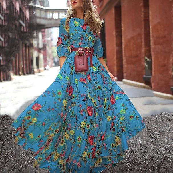 Women's dress printing big swing temperament chiffon floral slim dress_mkmklike.com