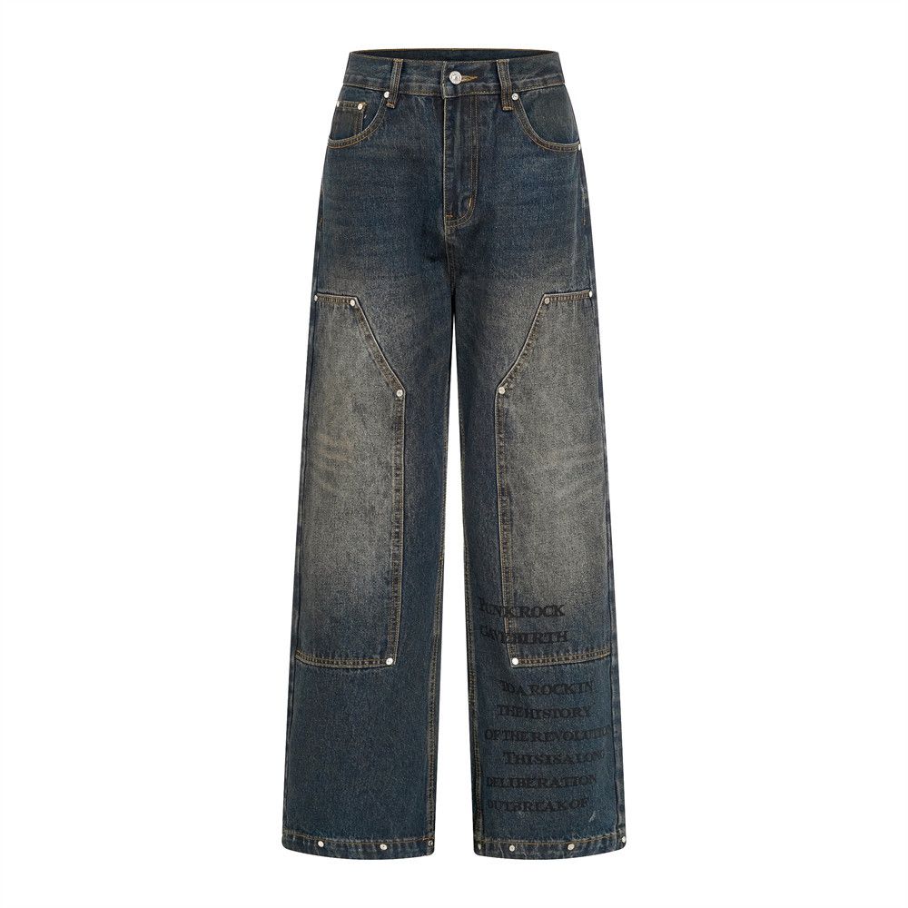 Post-apocalyptic Style Washed Vintage Straight-leg Jeans For Men High Street Trend Back Pocket Design Sense Personality_mkmklike.com