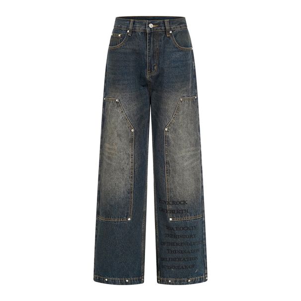 Post-apocalyptic Style Washed Vintage Straight-leg Jeans For Men High Street Trend Back Pocket Design Sense Personality_mkmklike.com
