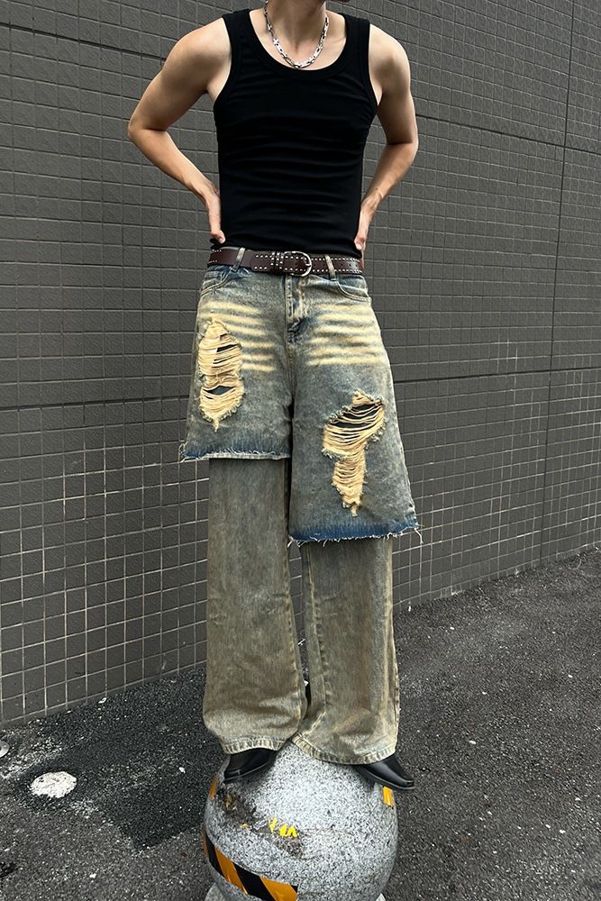 Men's Clothing Double Layer Two Piece Yellow Mud Distressed Dirty Wasteland Paris High End Wide Leg Jeans_mkmklike.com