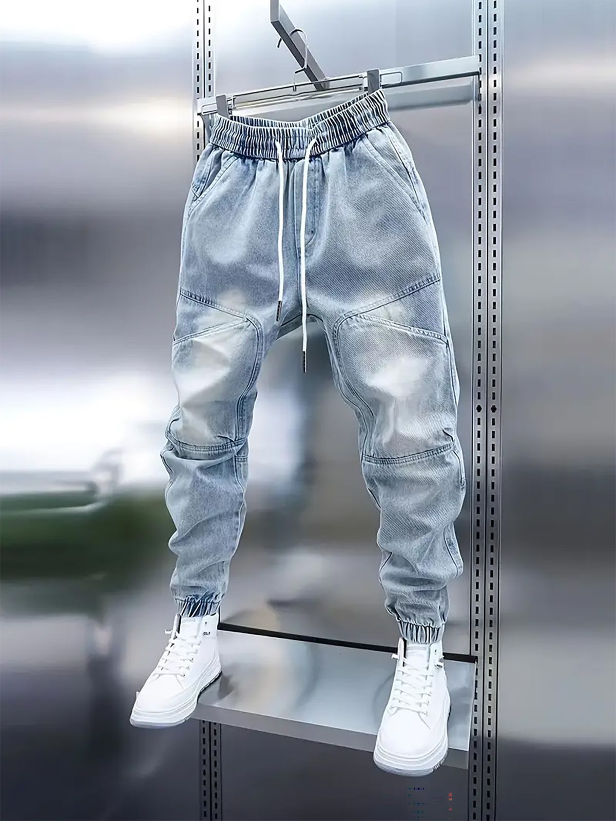 Men's Clothing Light Blue Stretch Jeans – Relaxed Fit Jogger Pants With Adjustable Drawstring – Hip-Hop Streetwear – Soft Washed Cotton Blend_mkmklike.com