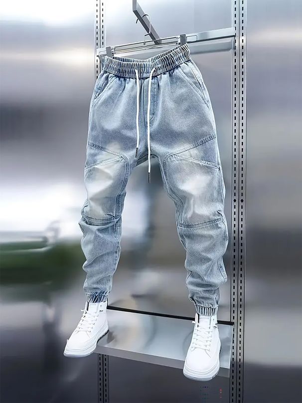 Men's Clothing Light Blue Stretch Jeans – Relaxed Fit Jogger Pants With Adjustable Drawstring – Hip-Hop Streetwear – Soft Washed Cotton Blend_mkmklike.com