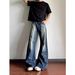 Cross-border Retro Ink Splashing Design Old Scimitar Slightly Pulled Jeans Men's American High Street Loose And Thin Wide-leg Pants_mkmklike.com