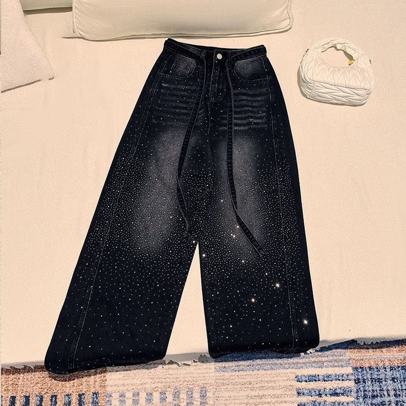 Retro High-Waisted Wide Leg Jeans Gradient Rhinestone Detail Black Gray Slimming Drawstring Loose Straight Leg Floor Length_mkmklike.com