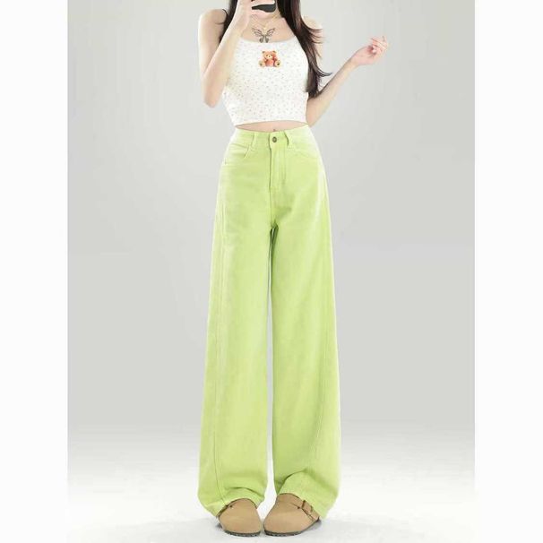 Petite Women's Green Wide-Leg Jeans, Spring/Summer 2025 New Style, High-Waisted, Loose, Slimming, Versatile_mkmklike.com