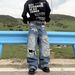 Heavy Duty Distressed Patched Straight Leg Jeans Spring Washed Loose Fitting Retro Ripped Wide Leg Pants For Men And Women_mkmklike.com