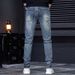 Men's Distressed Patchwork Jeans - Vintage Washed Slim Fit Denim Pants With Artistic Rips & Embellishments For Urban Street Style_mkmklike.com