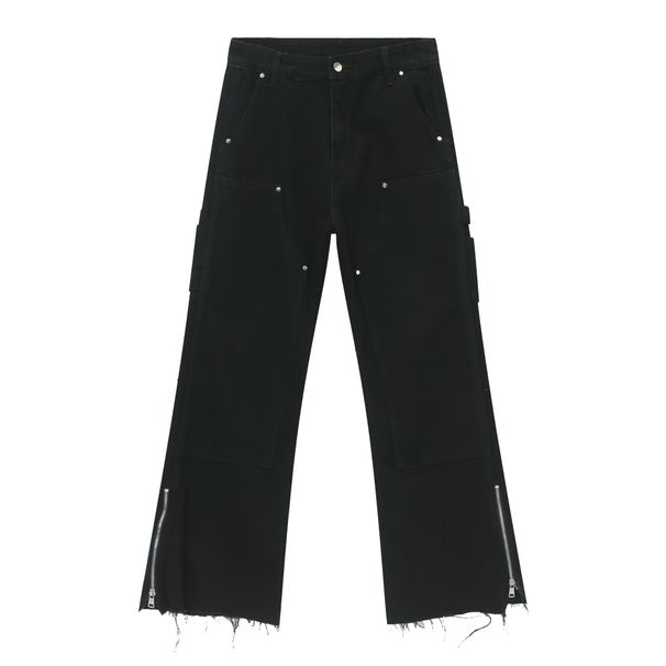 Men's Clothing High Street Raw Edge Side Zipper Design Slightly Flared Wide Leg Jeans_mkmklike.com