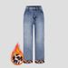 Women's High-Waisted Flared Jeans – Vintage Washed, Leopard Print Cuff, Stretch Denim (0xl-3xl, Plus Size, Fleece-Lined, 9/10 Length, Light Blue)_mkmklike.com