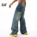 EF JEANS | 2024 New Product, American High Street Worn And Spliced Large Pocket Drape Trendy Wide-leg Jeans_mkmklike.com