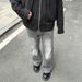 Men's Grey Washed Denim Jeans Cleanfit Straight-Leg Subtle Flare Rippled Texture Vintage-Inspired High Street S XXXL_mkmklike.com