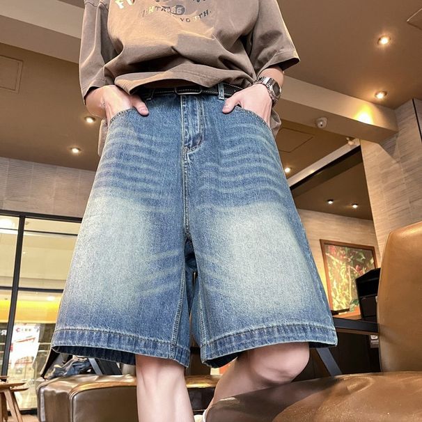 Men's Summer Thin Denim Shorts Straight Leg Casual Mid-Length Loose Fit Trendy Five-Point Washed Youth Outerwear_mkmklike.com