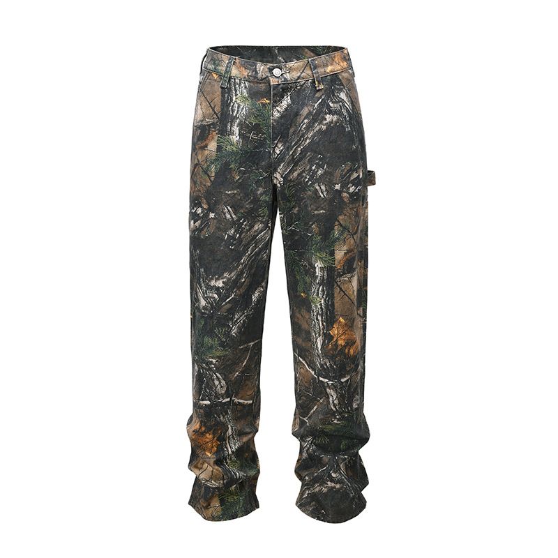 Women's Clothing High Street Retro Dead Leaves Camouflage Print Trendy Loose Straight Logging Denim Trousers_mkmklike.com