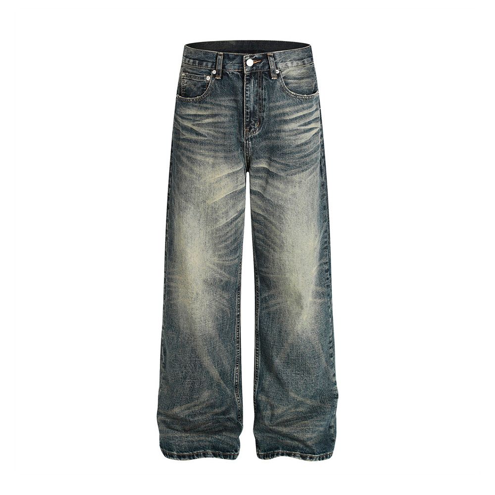 Punk Distressed Washed Straight-Leg Jeans For Men Loose Vintage Frayed Street Style Casual Wide-Leg Pants Trendy_mkmklike.com