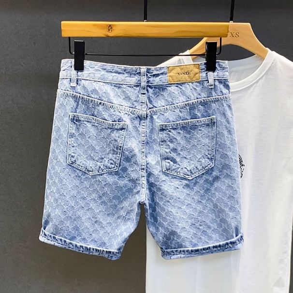 Men's Slim Fit Denim Shorts Korean Style Printed Five Point Mid-Length Summer Fashion Trendy Pants_mkmklike.com