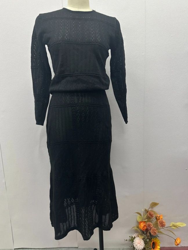 Women's Clothing solid color round neck slim fit long sleeve high waist long skirt suit for women_mkmklike.com