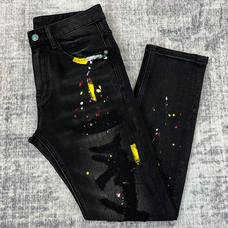 Men's Premium Splatter Paint Distressed Jeans - Slim Straight Stretch Denim Pants With Artistic Rips & Streetwear Edge (28-38)_mkmklike.com